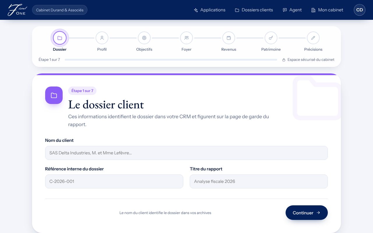 Questionnaire guidé : étape « Le dossier client »