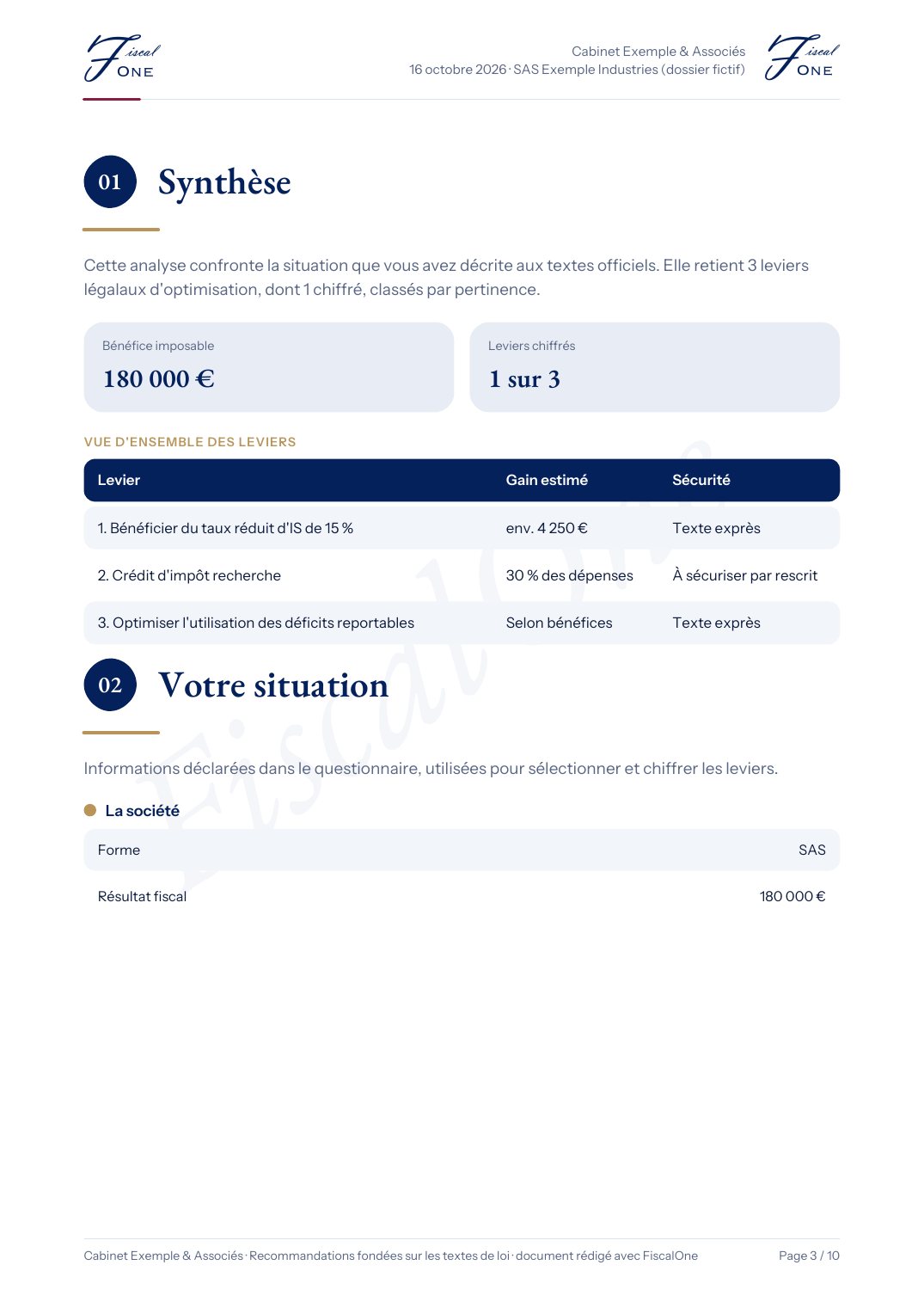 Page « Synthèse » d'un rapport : trois leviers identifiés, un chiffré, tableau d'ensemble des leviers